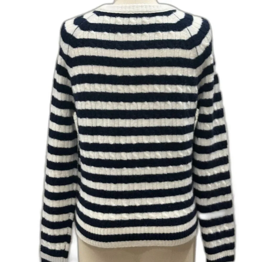 J.Crew Navy and White Stripe Sweater Womens Sz S Buttons-up on the Sides Coastal
